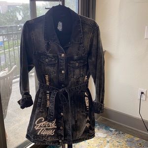 Long Denim Jacket w/ belt w/ white writing
